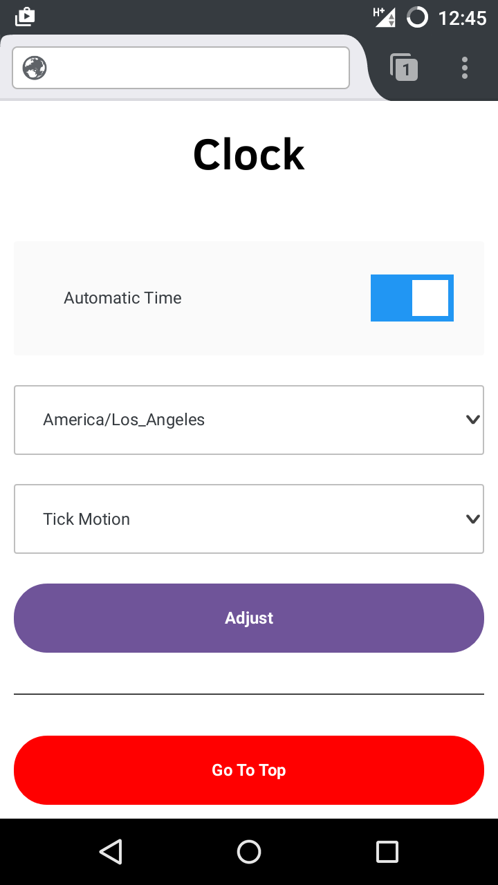 The web interface, with a form to set the time on the clock.
