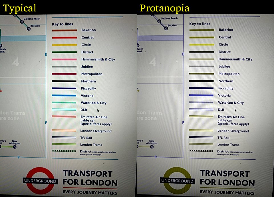 A side-by-side snapshot of the London Tube's legend with typical vision on the left and protonopia on the right
