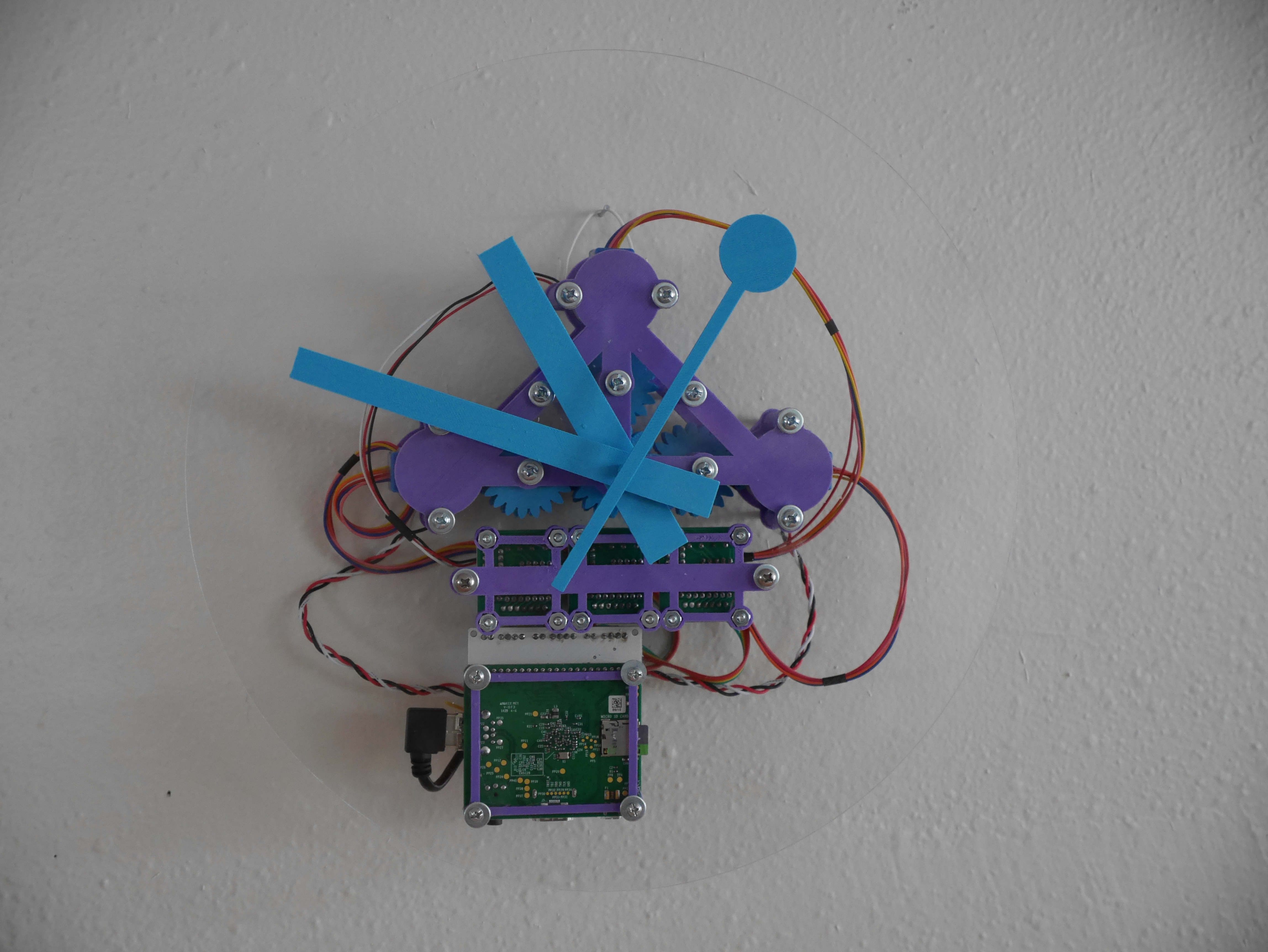 Final clock. Translucent body showing all components including gears and Raspberry Pi.