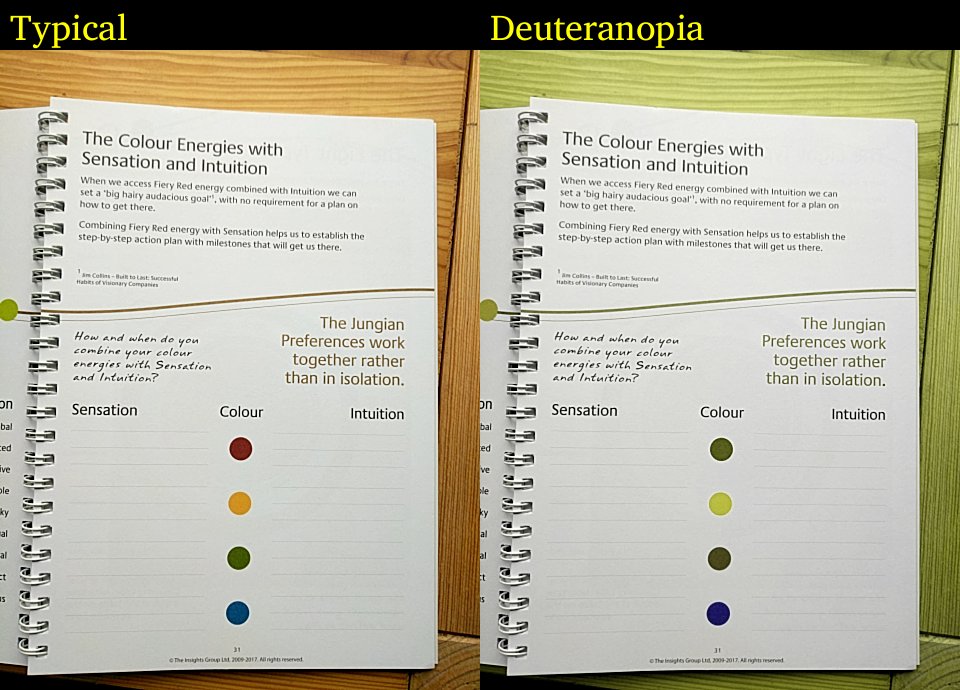 A page from a workbook displayed side-by-side with typical and green-red blindness.